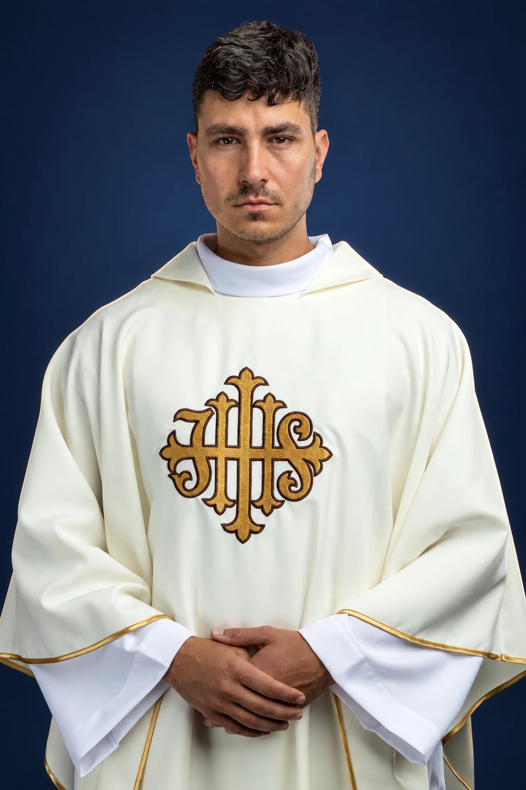 Embroidered Ecru Chasuble with JHS and Wide Square Collar, front view with gold JHS embroidery