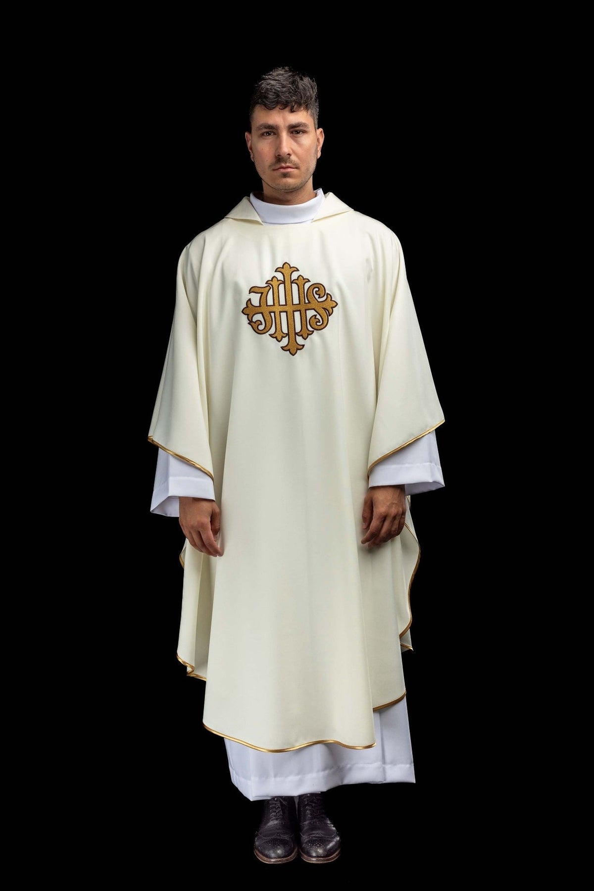 Ecru chasuble, full front view with gold trim and JHS embroidery