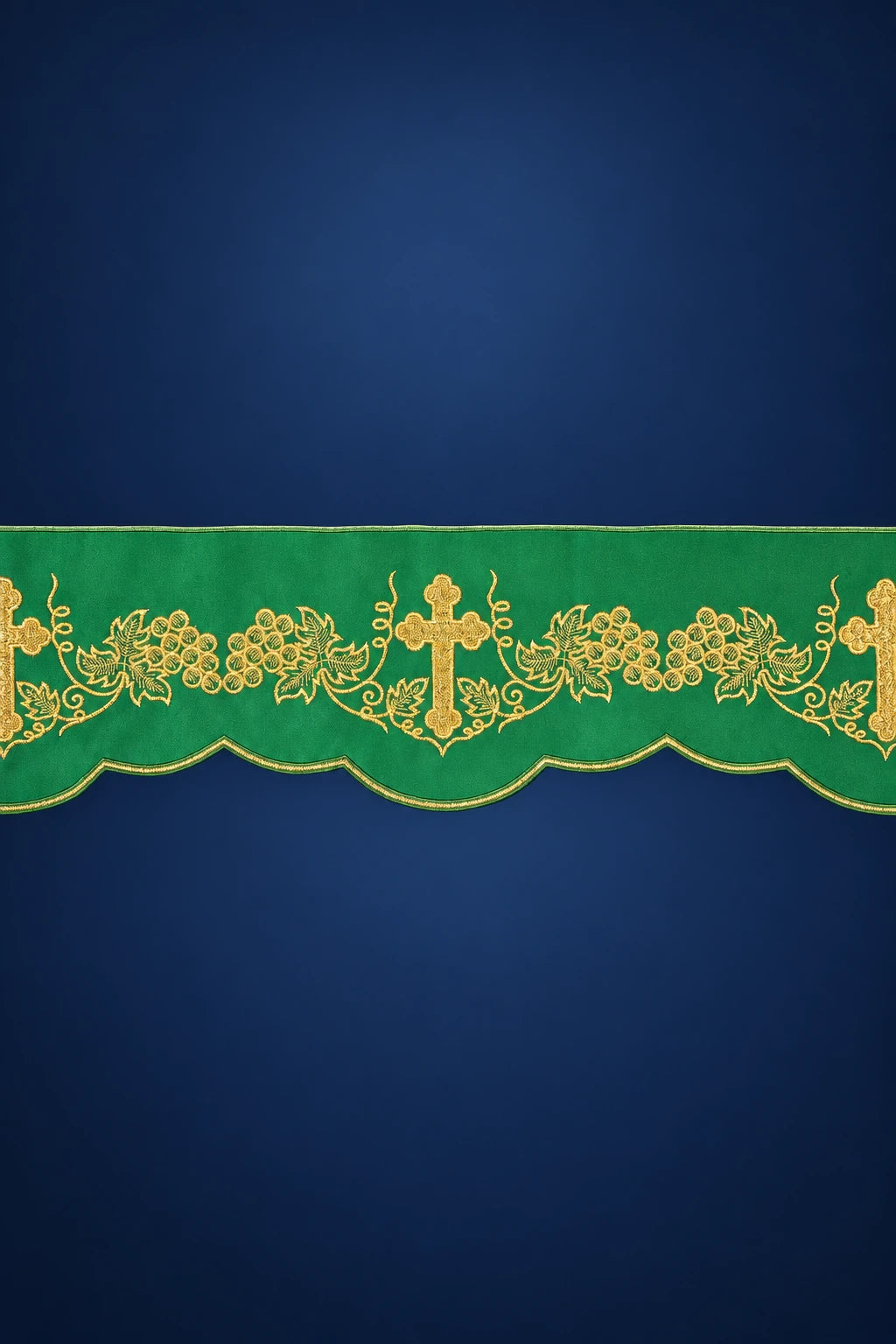 Green Altar Lace with Cross and Grapes Embroidery, full front view with scalloped edge