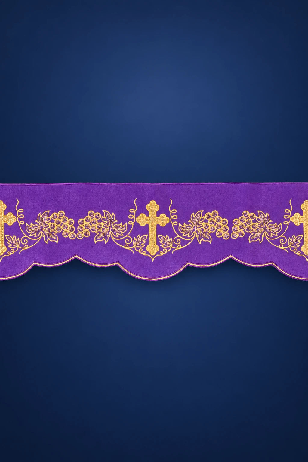 Purple Altar Lace with Front Embroidery Featuring a Cross and Grapes, front view
