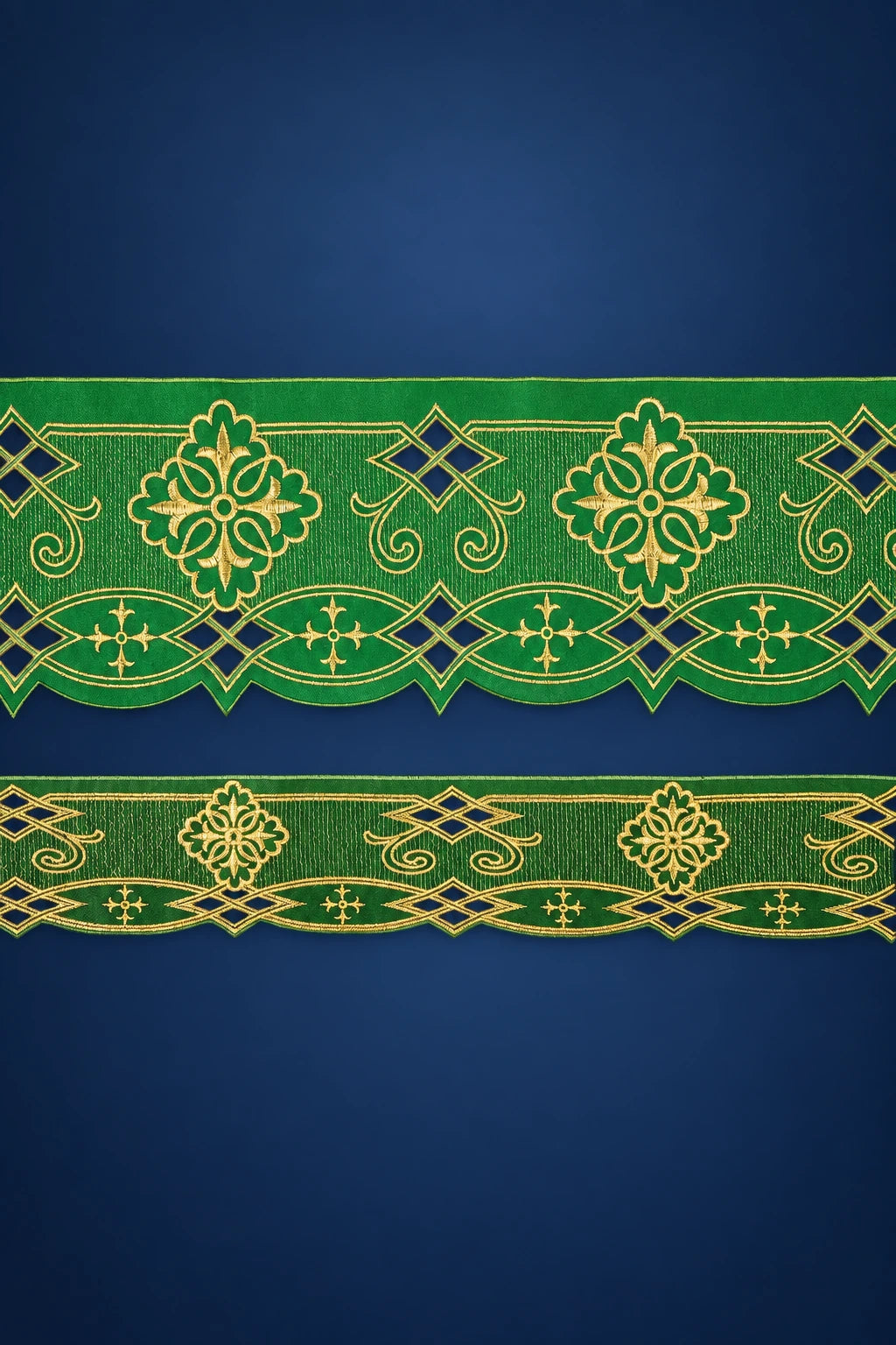 Green Altar Lace by the Meter with Rosette Border Embroidery, full view with gold rosette and geometric border