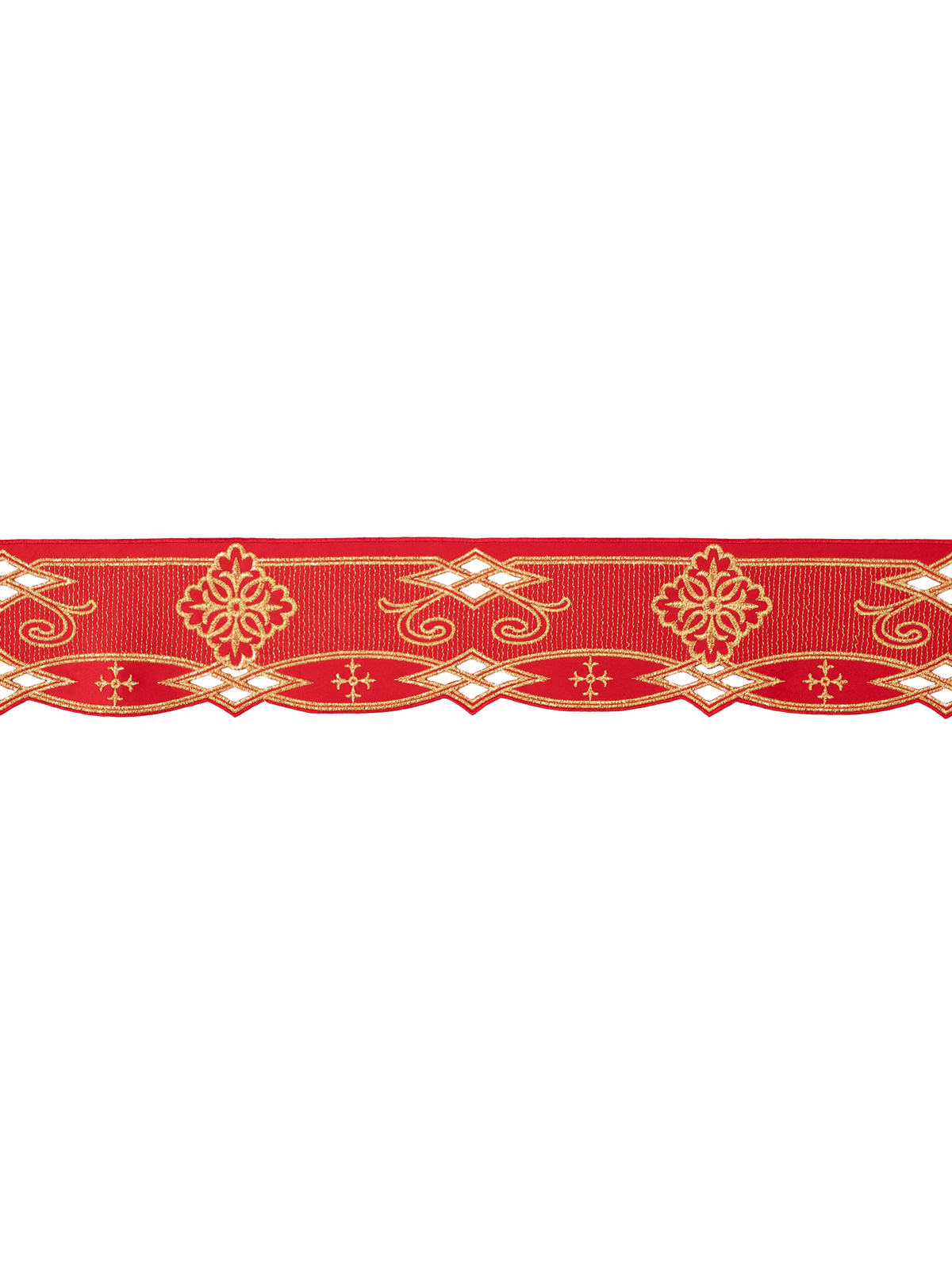Red altar lace detail with repeating gold rosettes, scrolls, geometric motifs and scalloped edge