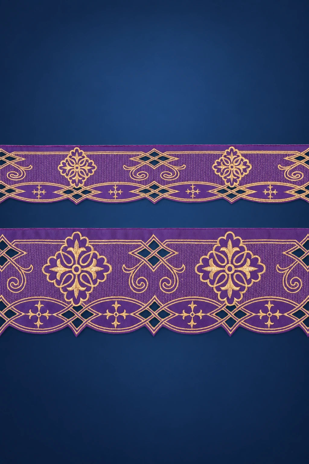 Purple Rozeta Altar Lace with Front Embroidery, full view with gold floral and geometric motifs