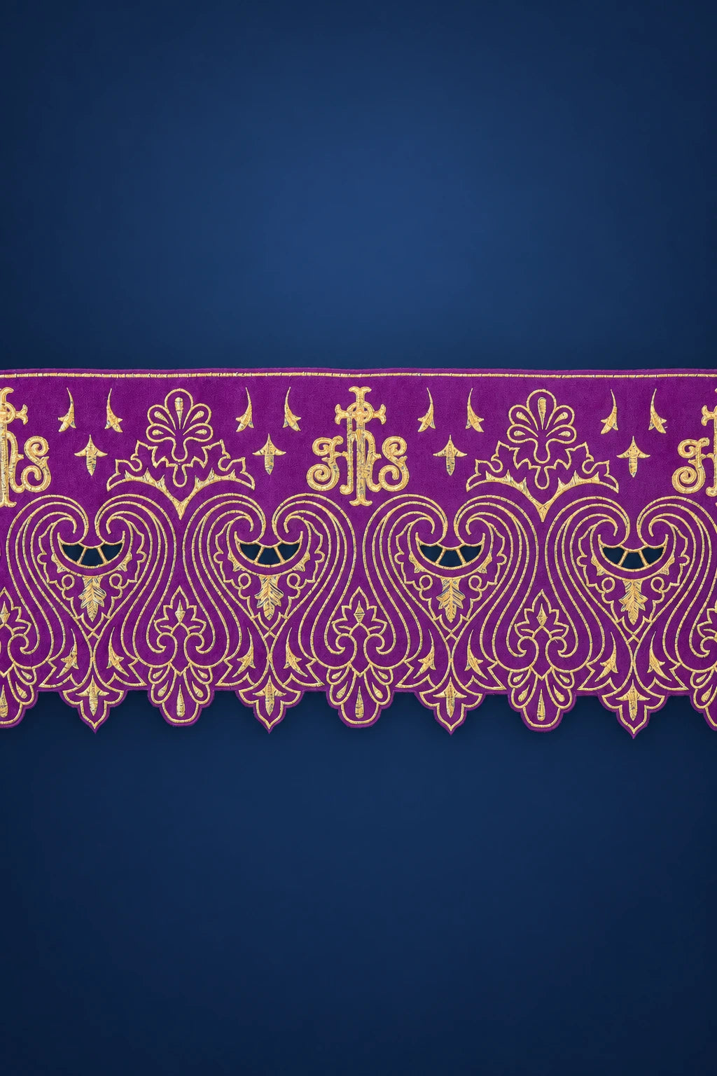 Purple Altar Lace with IHS Front Embroidery, 9.5 in (24 cm), front view with gold embroidery