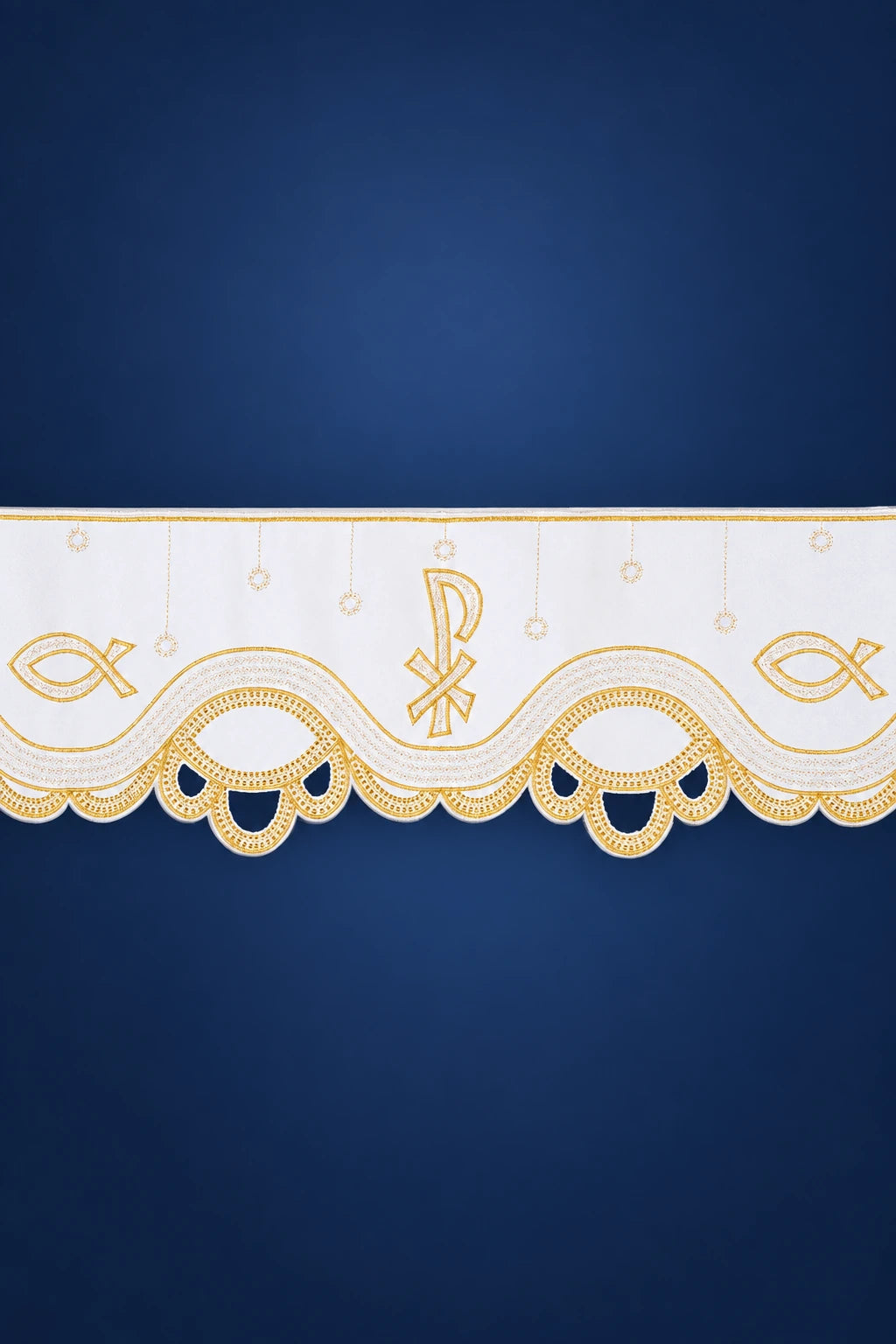 White PAX Altar Lace with Border Embroidery, 7.75 in (20 cm) High, front view with gold motifs