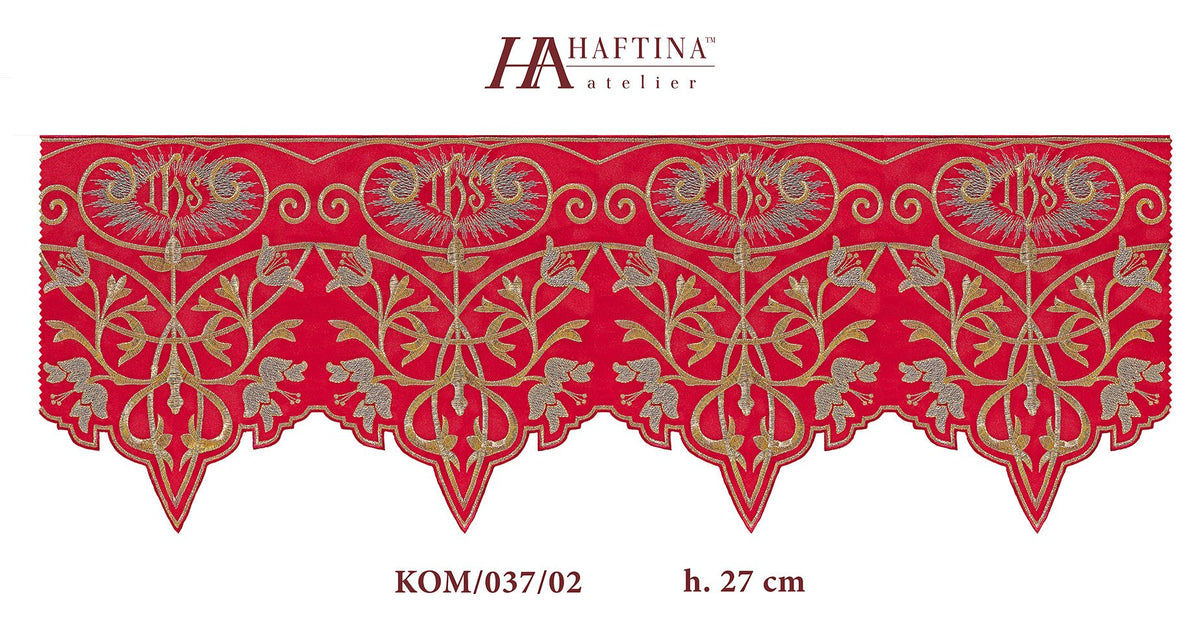 Red altar lace full view showing repeated IHS monogram and embroidered floral border