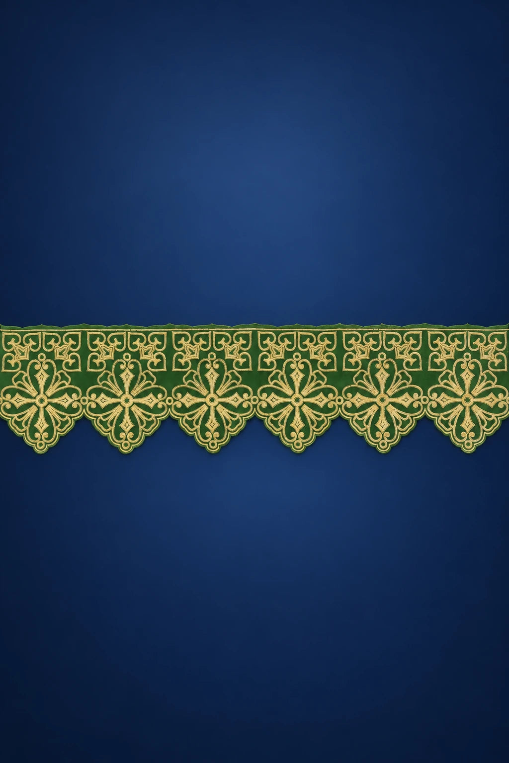 Green Rosette Altar Lace with Front Embroidery, front view with repeating rosette motifs