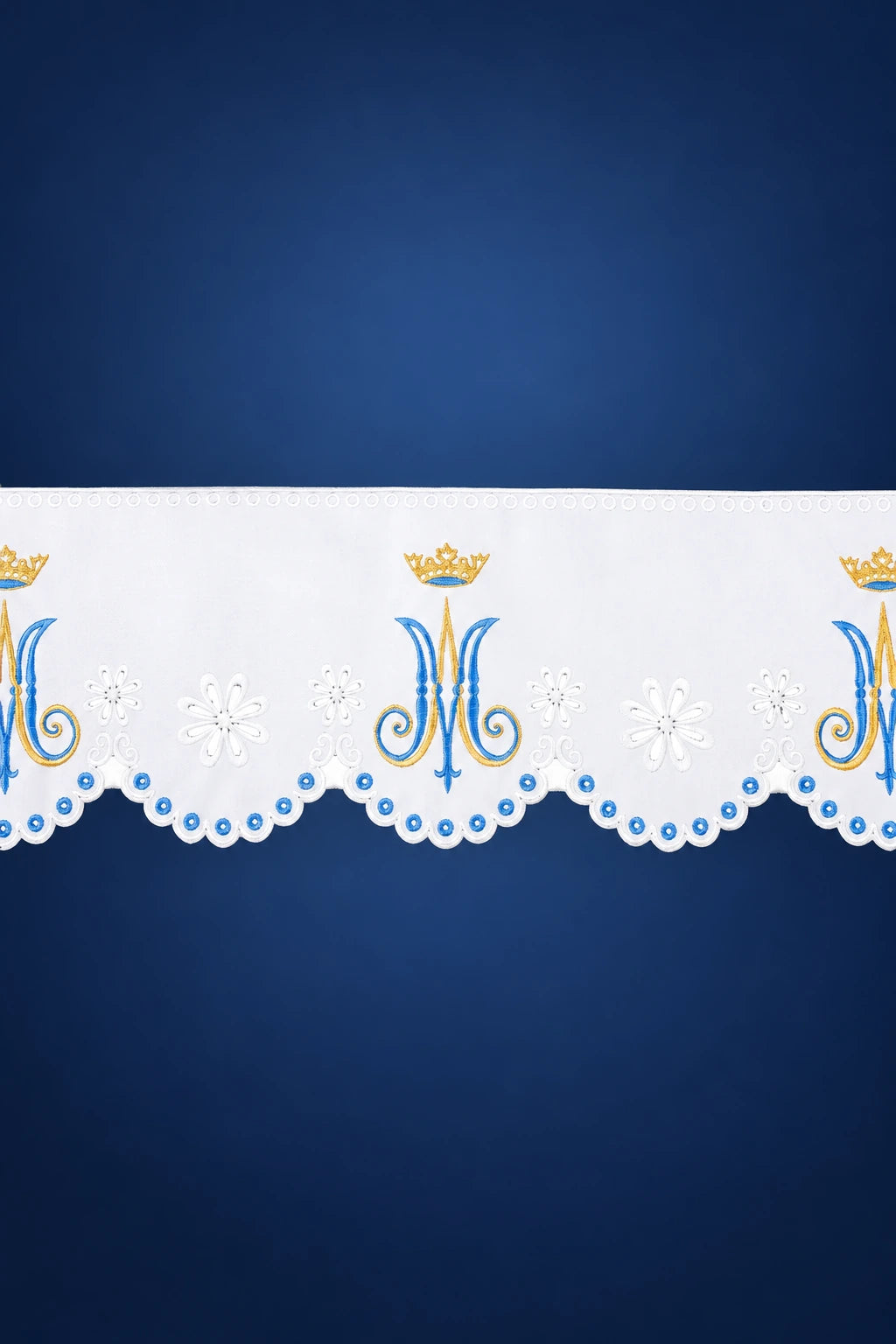 Altar Lace with Embroidered Marian Motif, 7.5 in (19 cm) High, front view in white with blue and gold embroidery