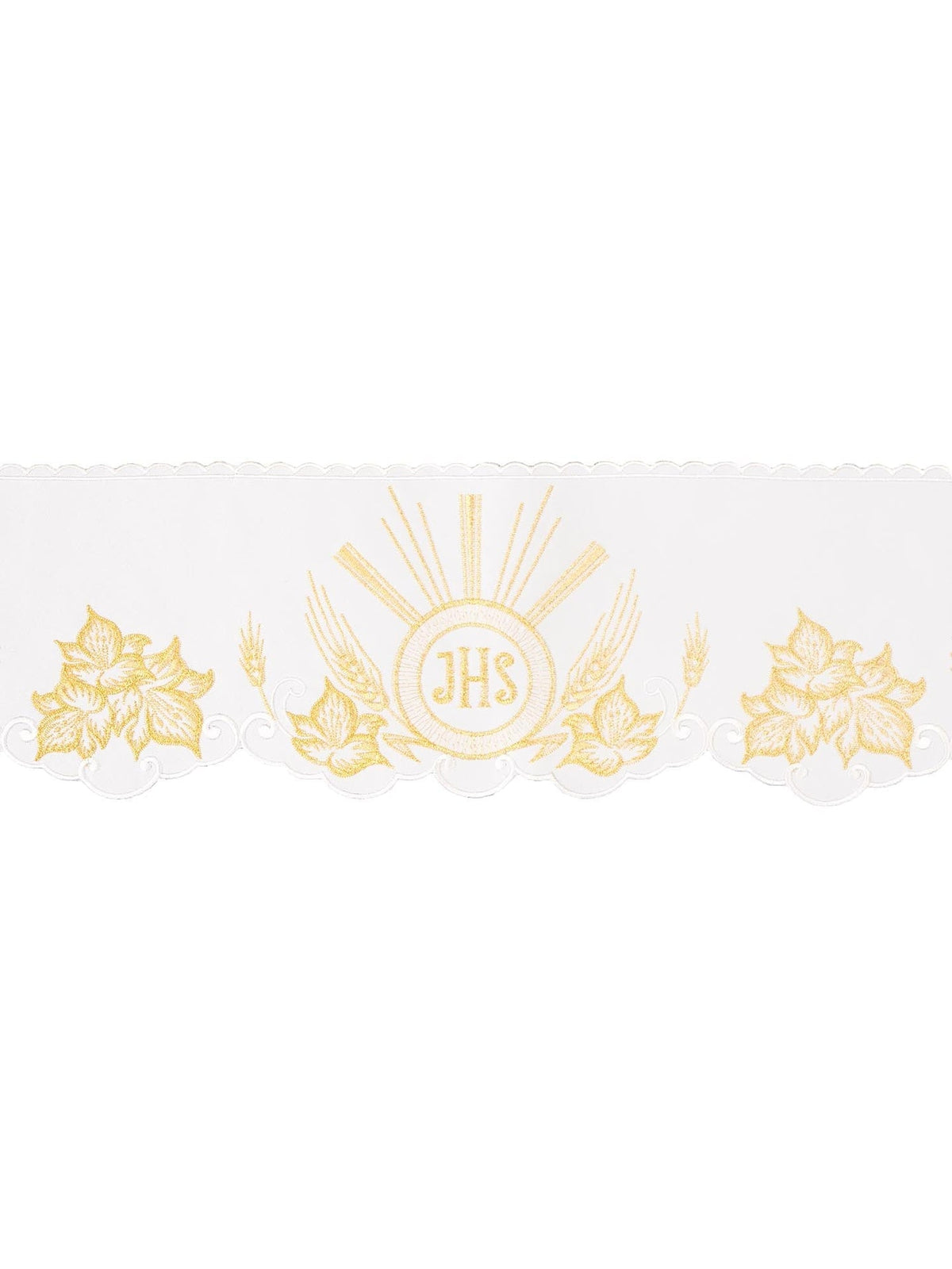 White Altar Lace with Front IHS Embroidery, front view with gold IHS embroidery and scalloped edge