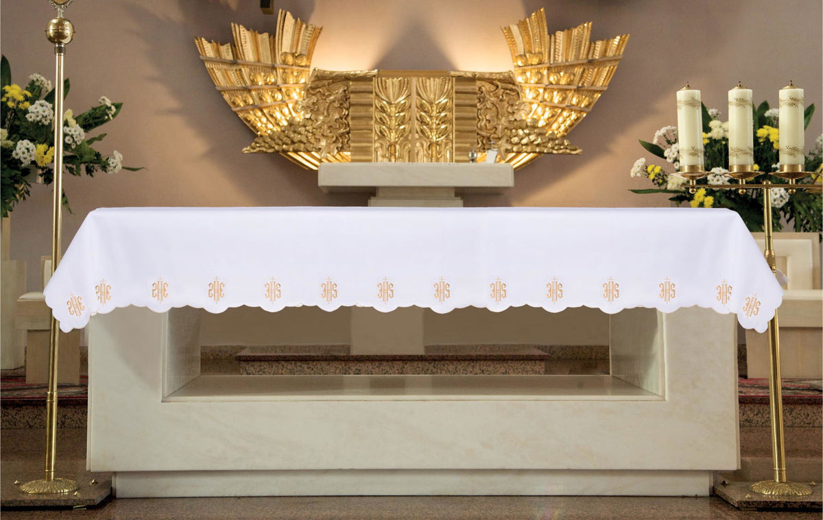 Catholic Altar Cloth with Front IHS Embroidery, white front view with gold embroidered IHS motifs and scalloped edge