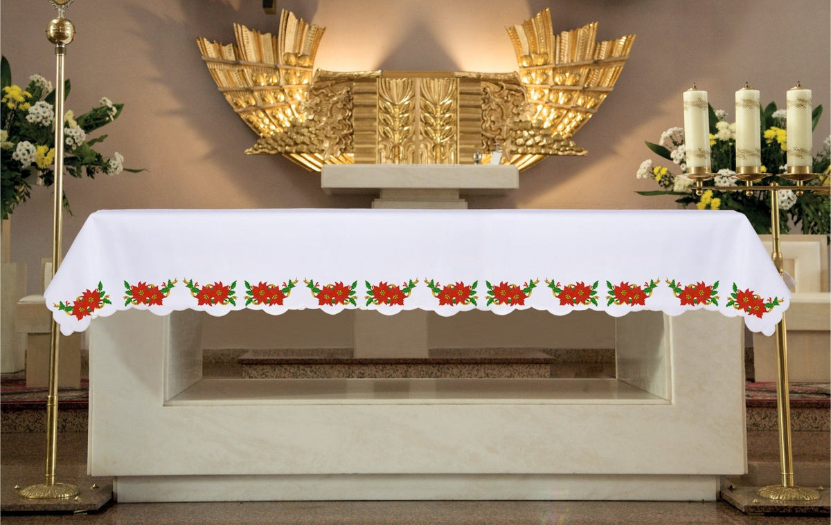 Altar Cloth with Star of Bethlehem Embroidery for Christmas, white front view with red poinsettia embroidery