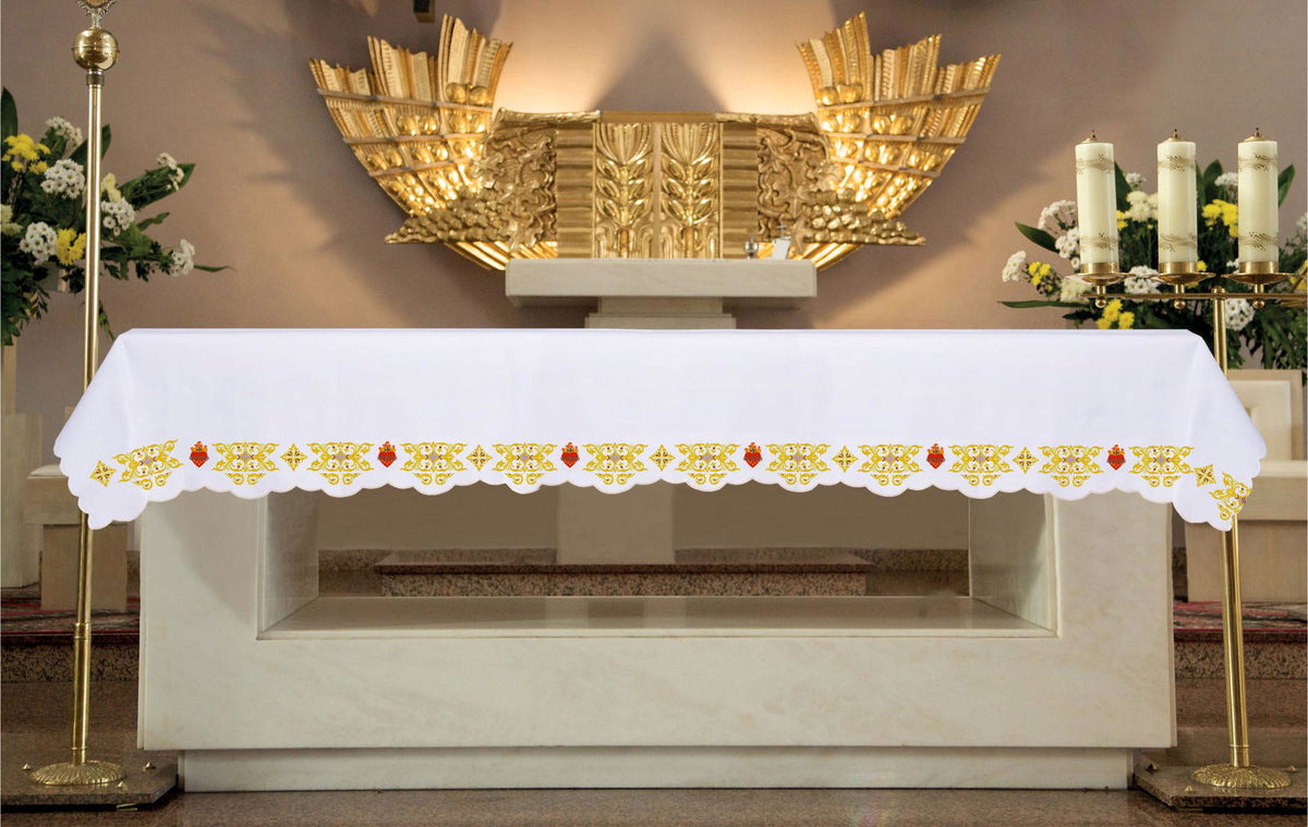 Altar Cloth with Embroidered Gold Crosses and Sacred Heart of Jesus, front view with white fabric and gold embroidery