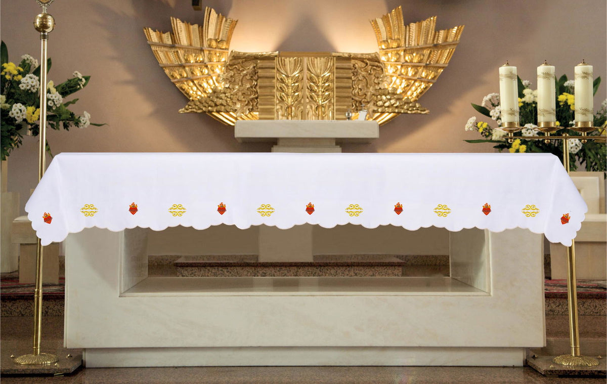 Altar Cloth with Sacred Heart of Jesus Embroidery on the Front, white front view with red and gold embroidery