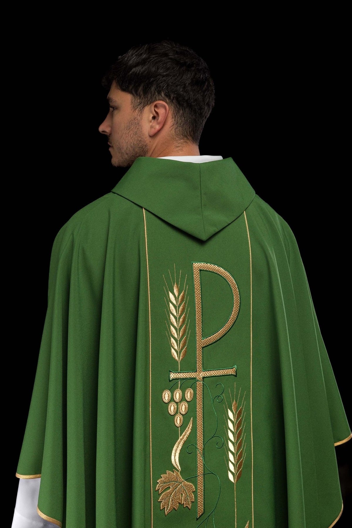 Green chasuble back close-up with stand-up collar and gold orphrey