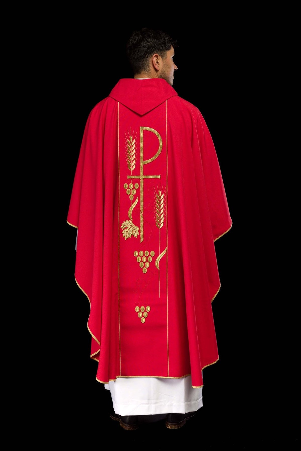 Red chasuble back view with gold orphrey and wheat embroidery