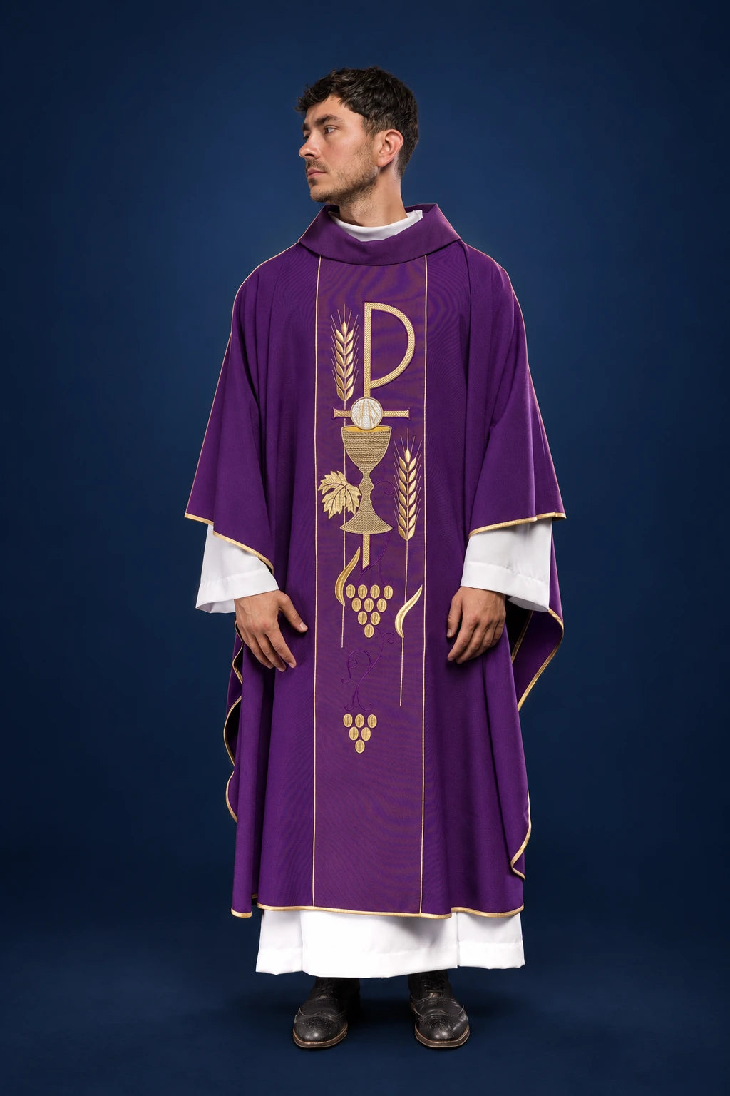 Purple Embroidered Chasuble with IHS Chalice Design, front view with gold trim and central chalice embroidery