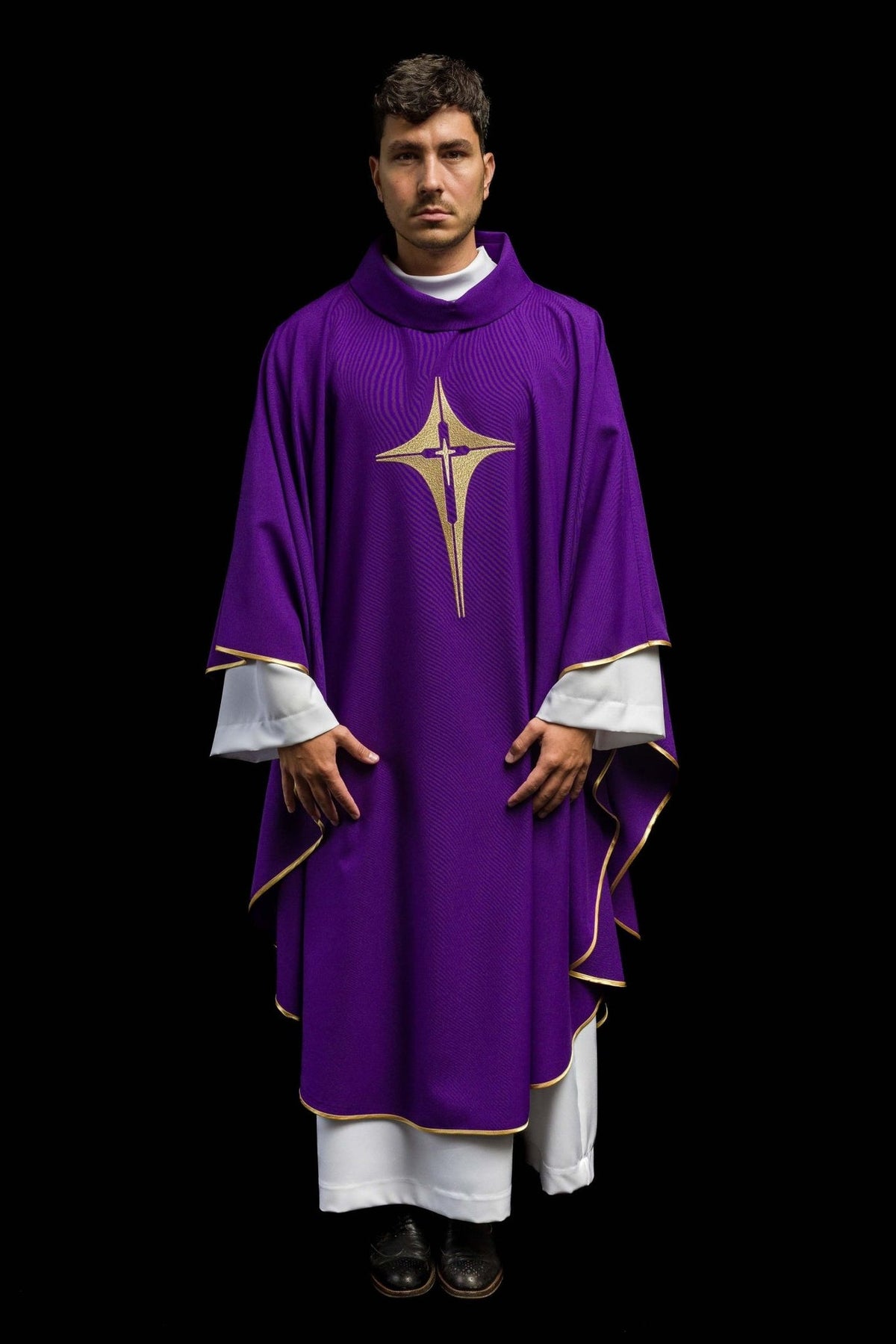 Purple chasuble, full front view with gold cross embroidery and trim