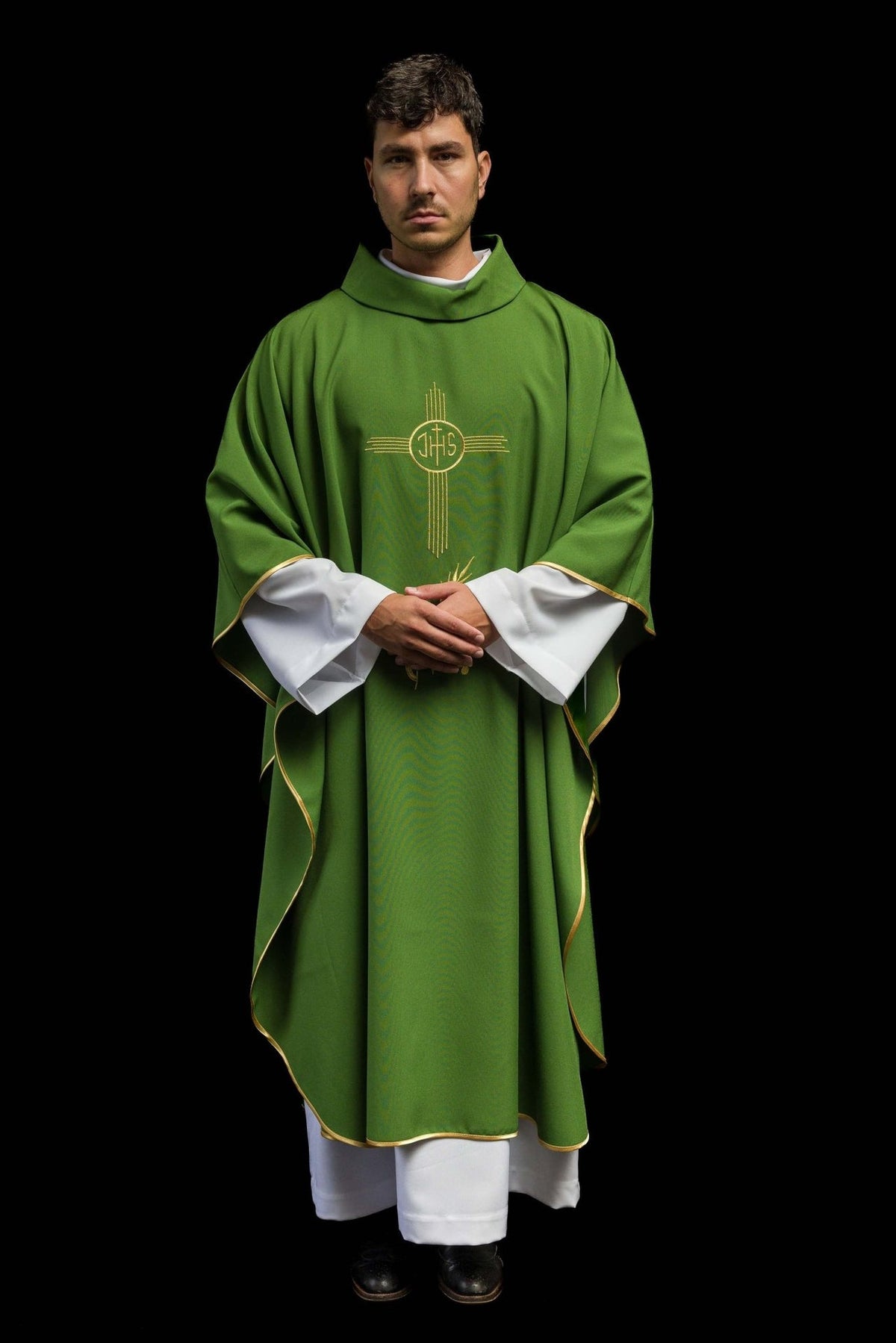 Green chasuble worn front view with gold trim and stand-up collar