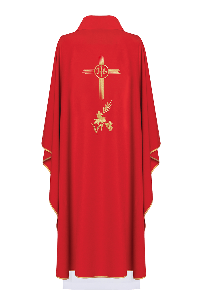 Red chasuble, back view with gold IHS and grape embroidery
