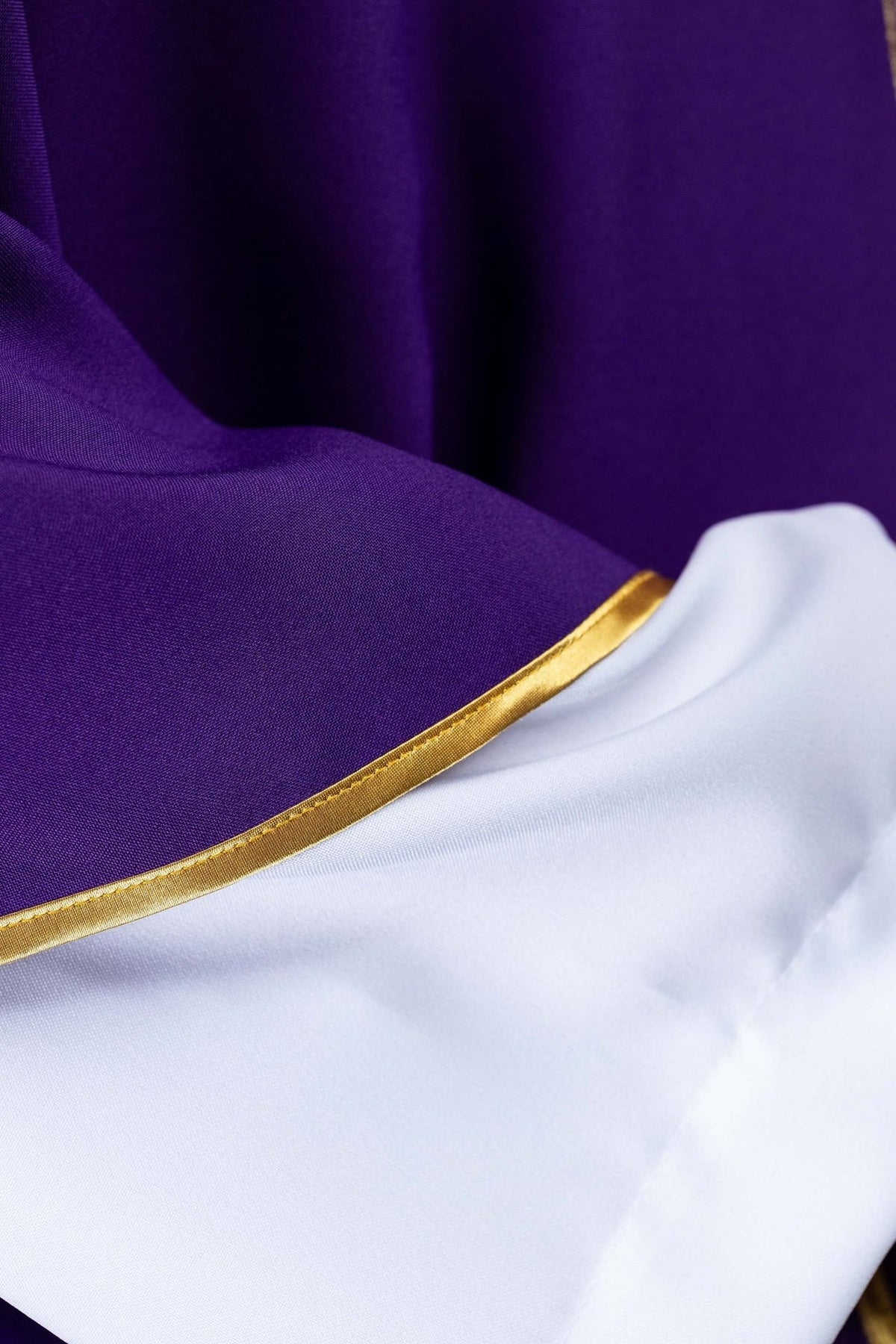 Purple chasuble close-up showing gold trim and satin lining