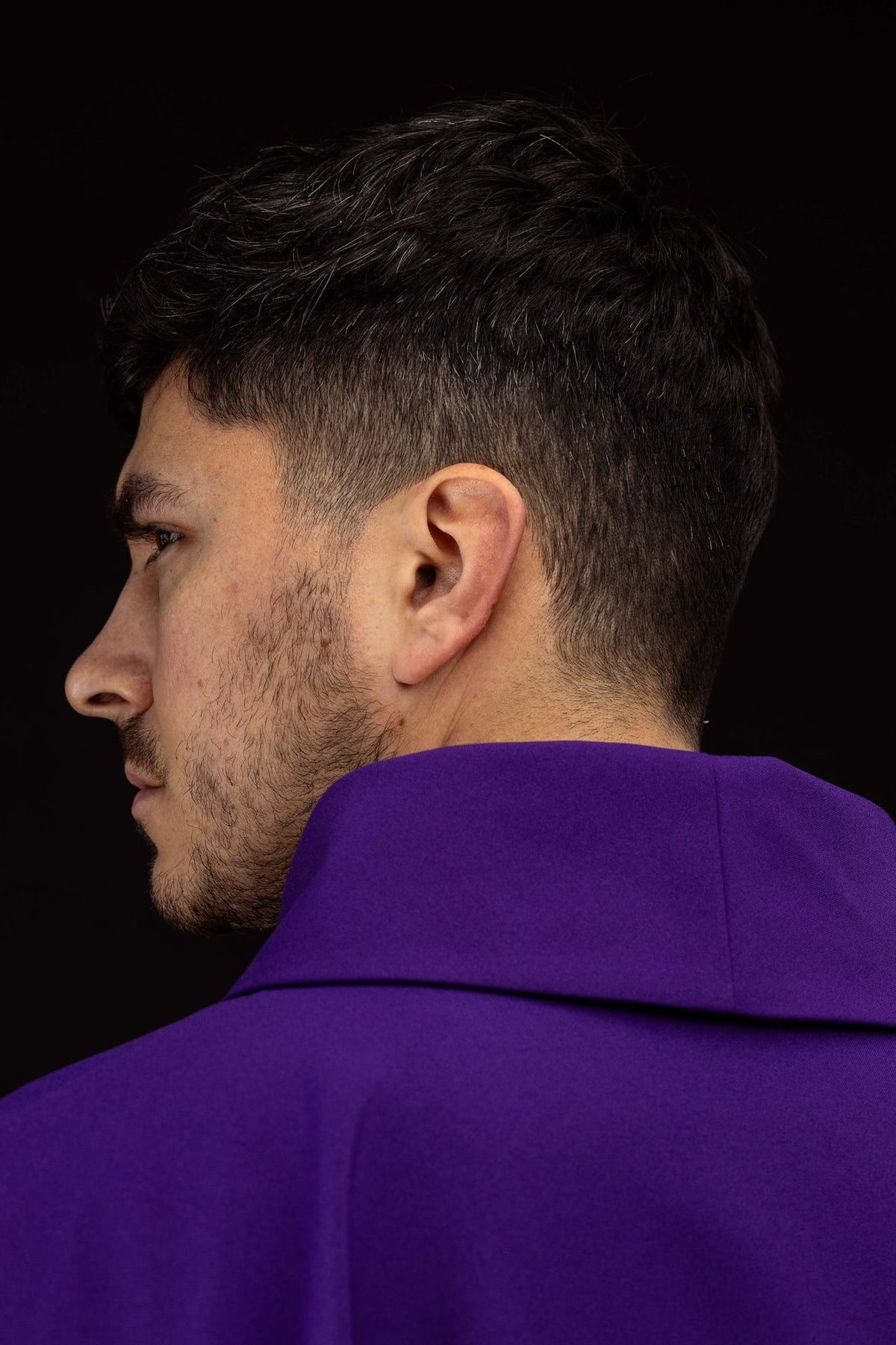 Purple chasuble side close-up with stand-up collar