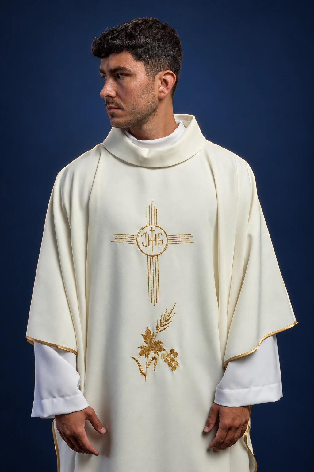Ecru Chasuble with IHS Embroidery, front view with gold IHS and floral embroidery