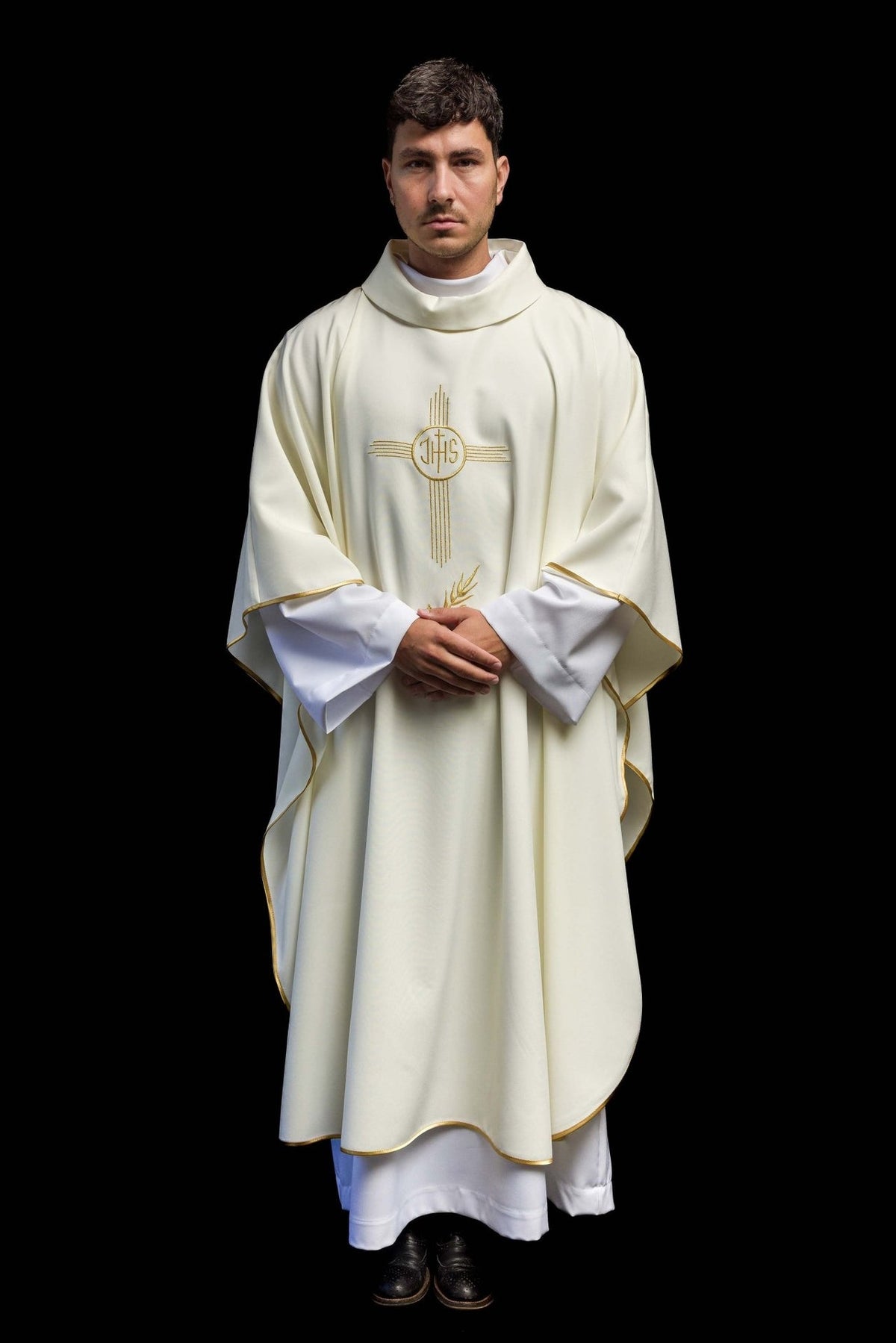 Ecru chasuble worn front view with gold-trimmed edges