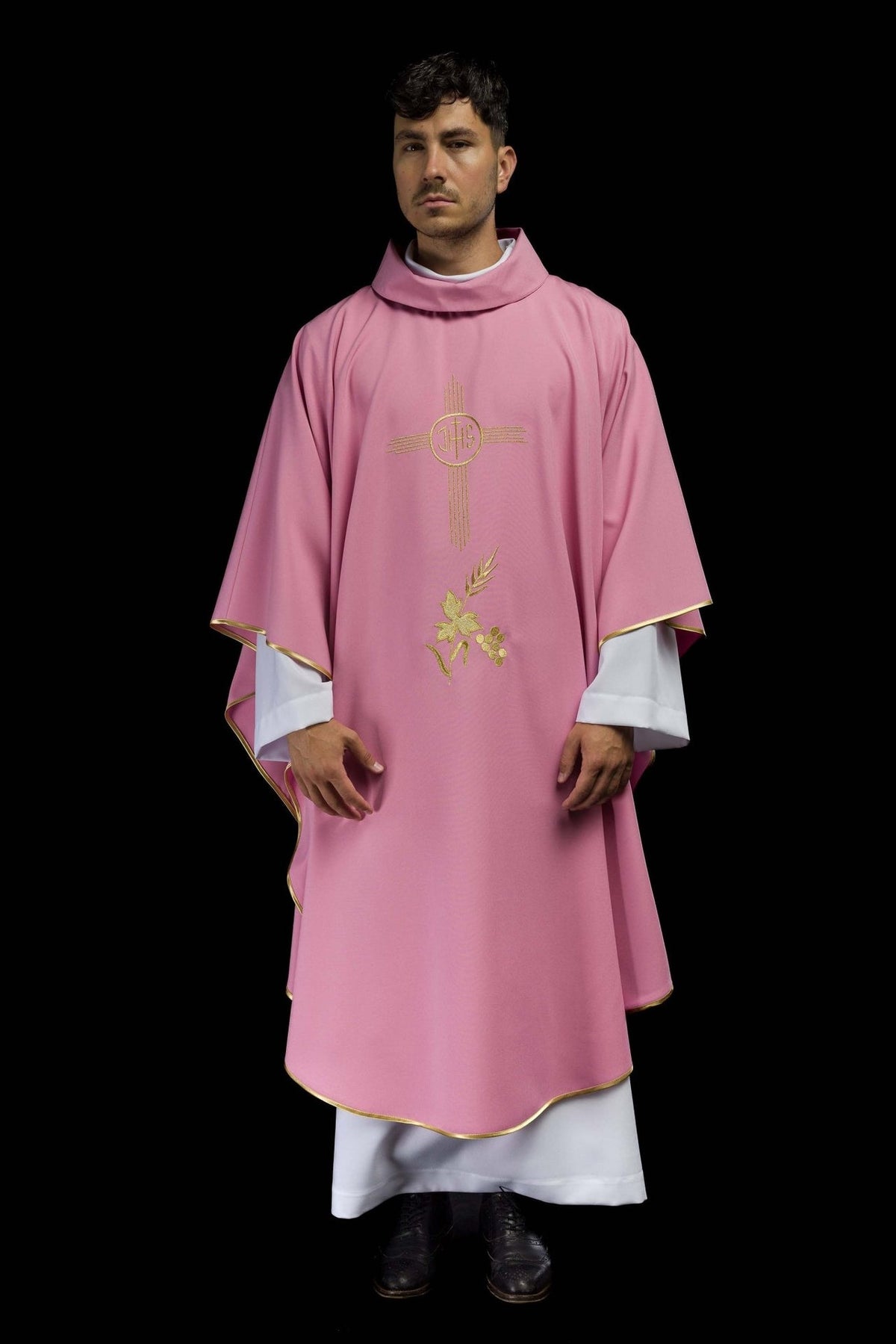 Rose chasuble, full front view with gold IHS motif, floral embroidery and gold trim