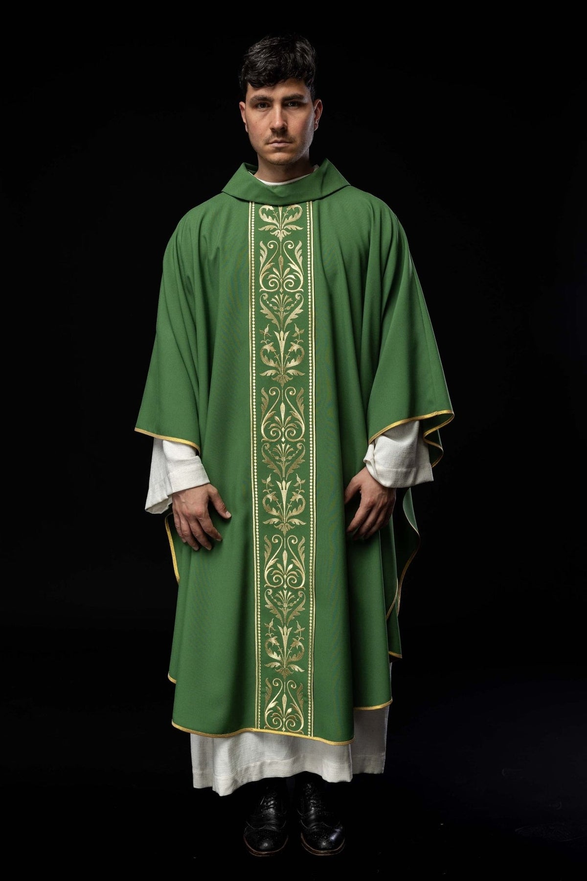 Green chasuble, full front view with gold embroidered orphrey and trim