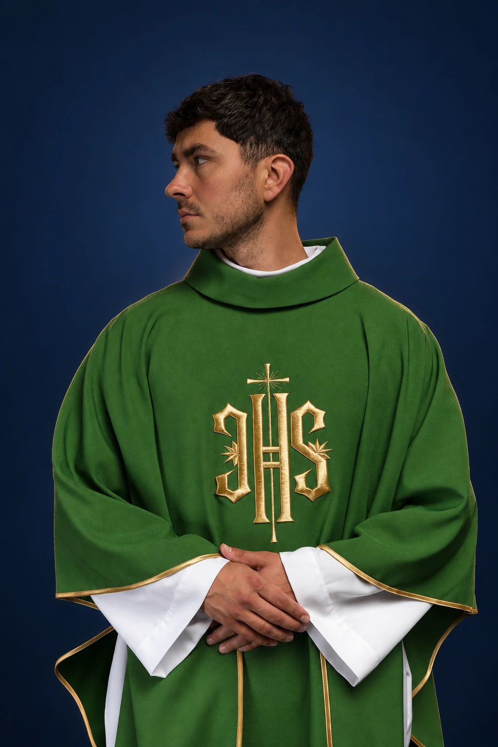Green Embroidered Chasuble with Gold IHS Motif, front view with gold trim and stand-up collar