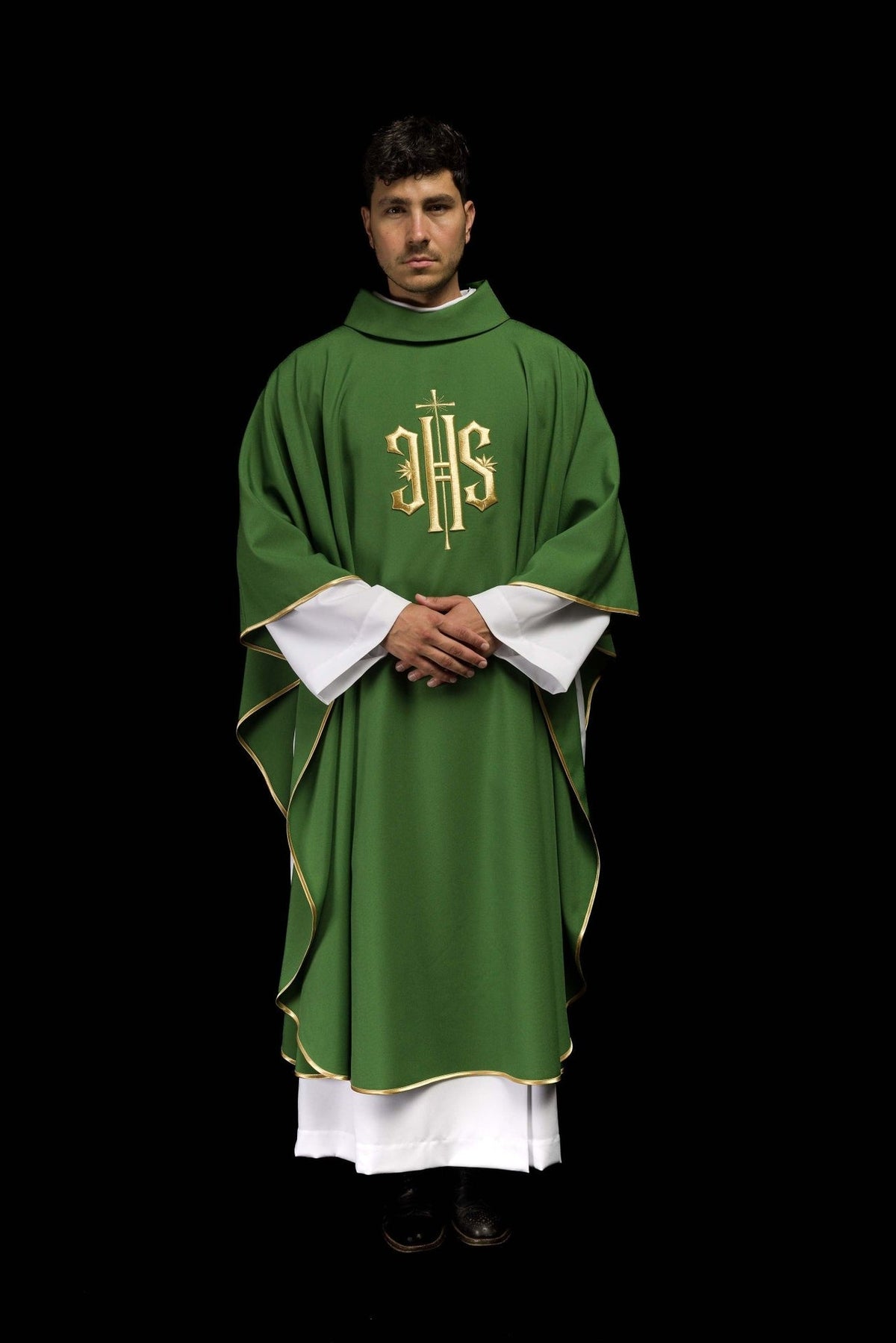Green chasuble with gold IHS embroidery, full front view