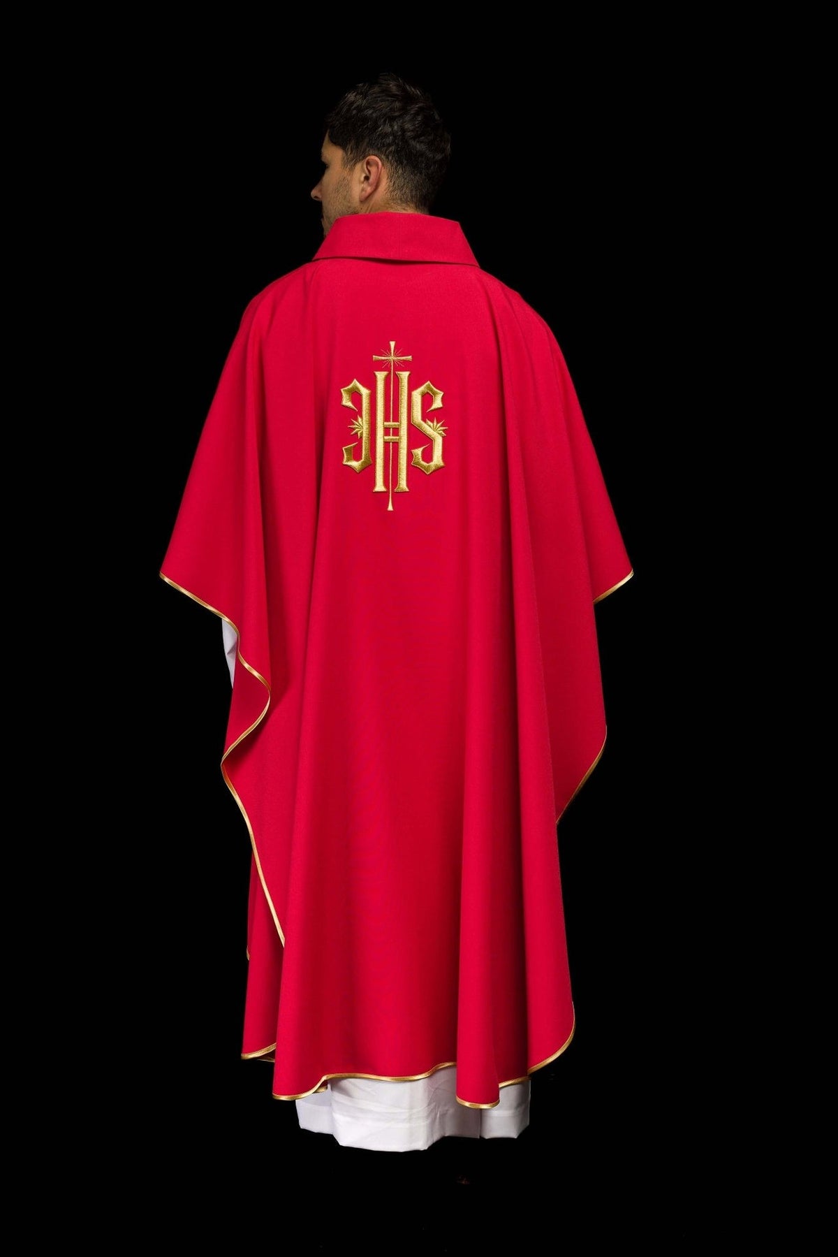 Red chasuble full back view with gold IHS embroidery and trim
