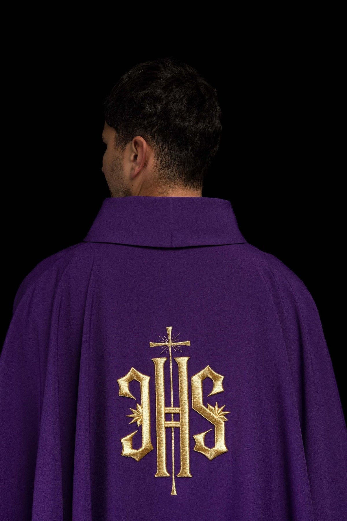 Purple chasuble back view with gold IHS embroidery