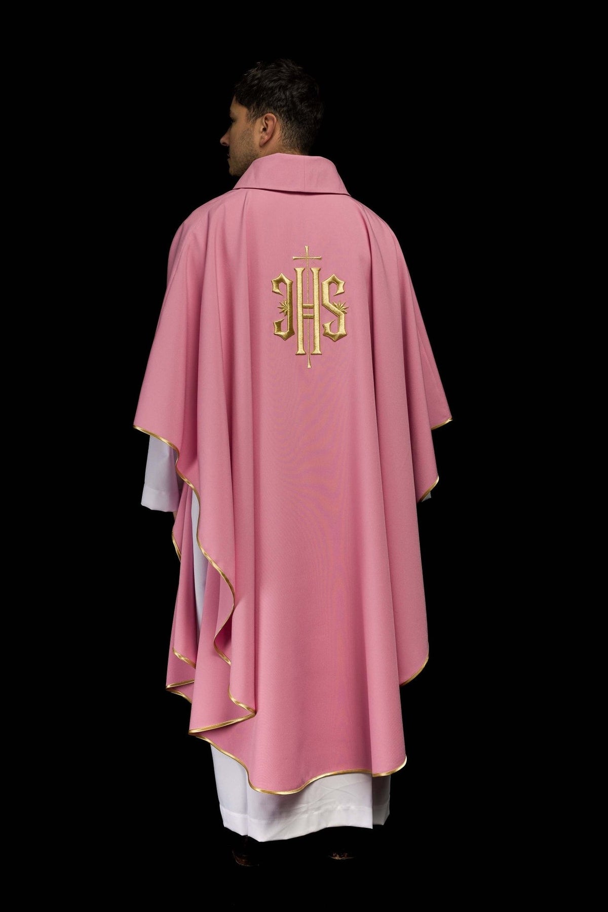 Rose chasuble back view with gold IHS embroidery and stand-up collar