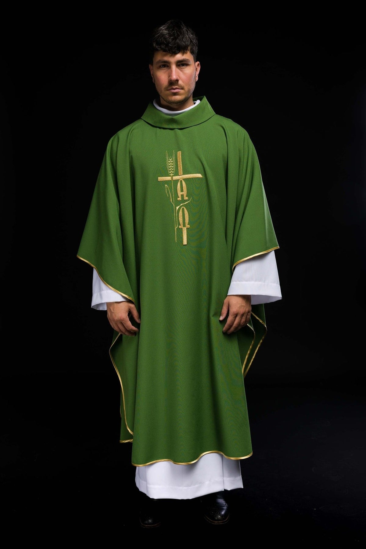 Green chasuble front view with gold Alpha, Omega and cross embroidery and trim