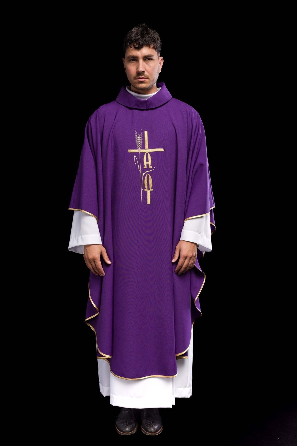 Purple chasuble front view with gold Alpha, Omega and cross embroidery