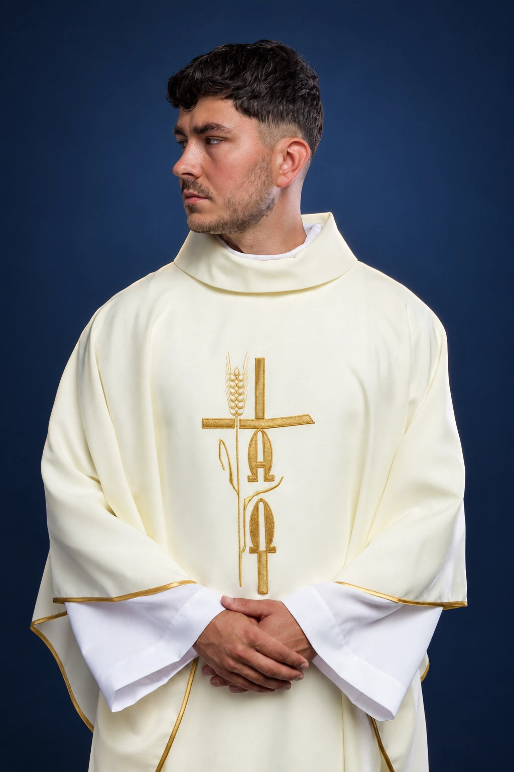 Ecru Chasuble with Alpha, Omega and Cross Embroidery, front view with gold trim and stand-up collar