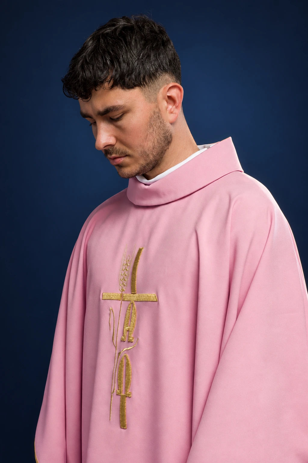 Embroidered Rose Chasuble with Cross and IHS, pink front view with gold embroidery and stand-up collar