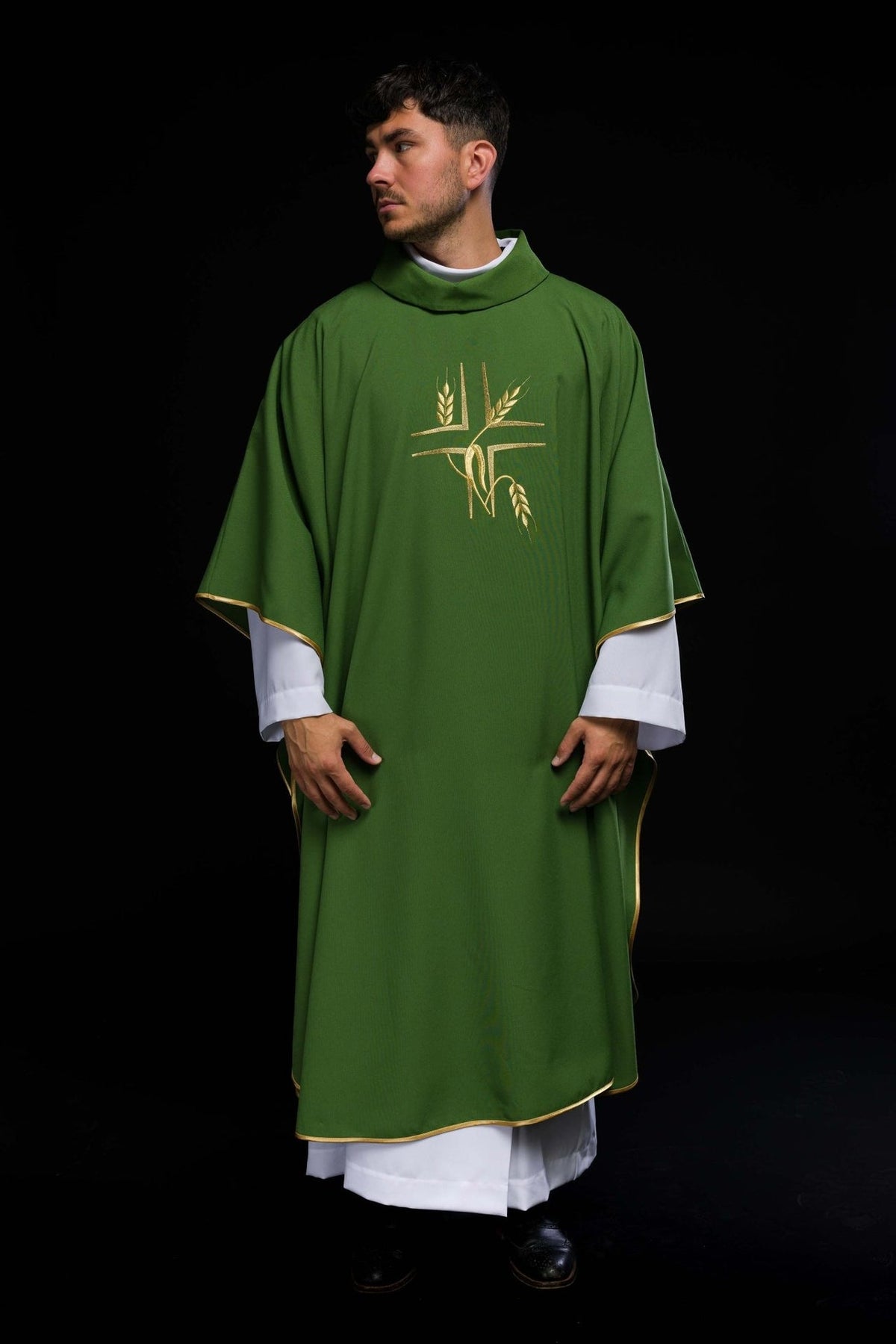 Green chasuble front view with gold trim and cross and wheat embroidery
