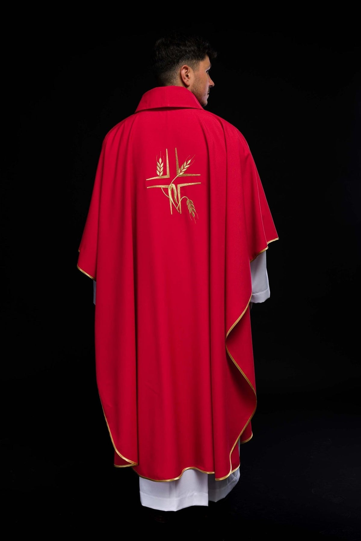 Red chasuble back view with gold cross and wheat embroidery