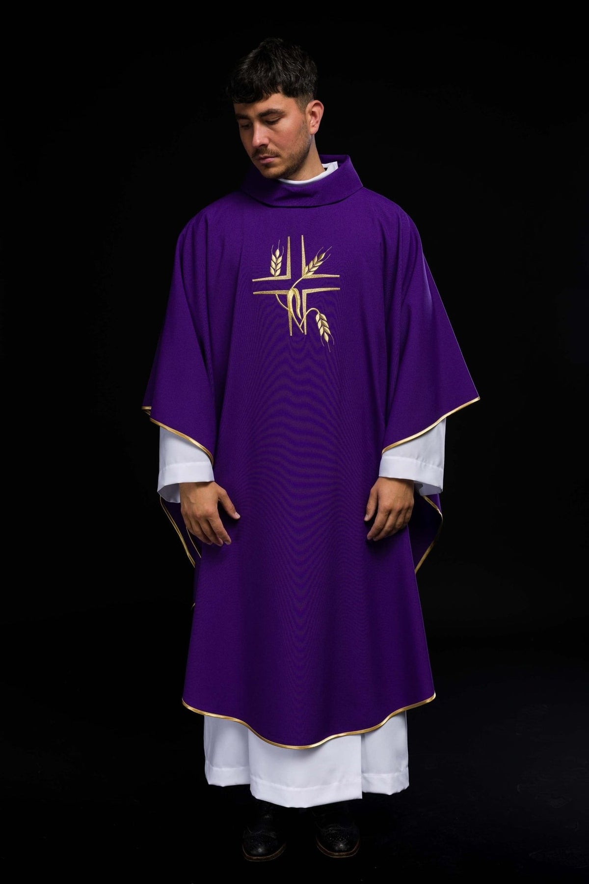 Purple chasuble front view with gold cross and wheat embroidery