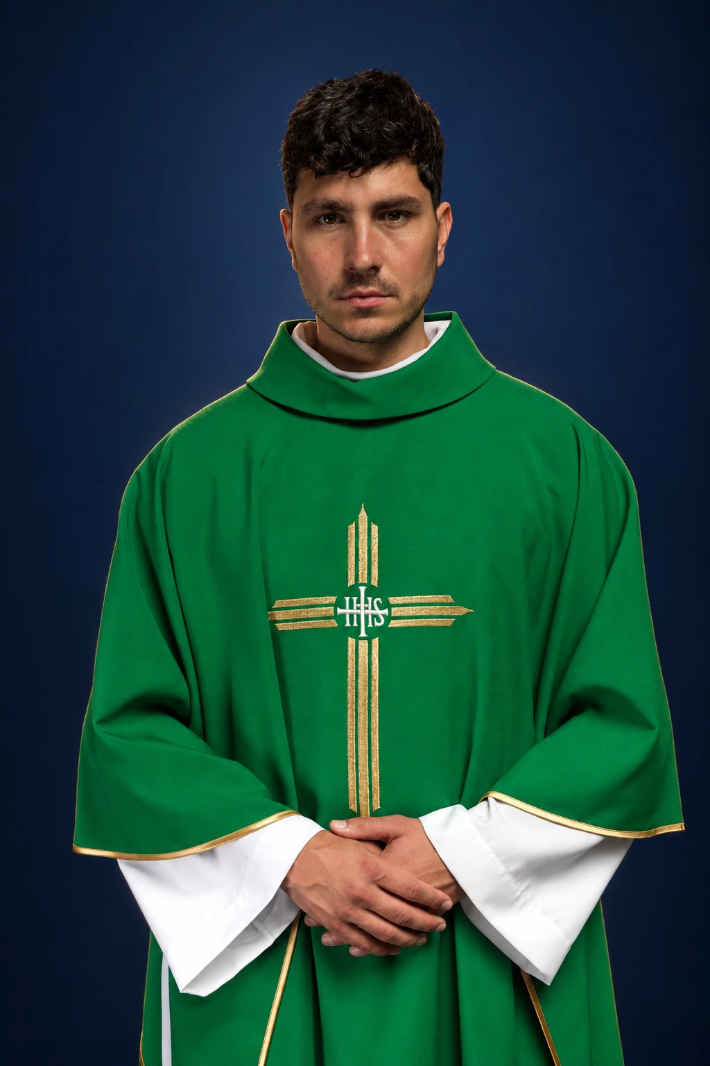 Green Embroidered Chasuble with IHS Cross, front view with gold embroidery and trim