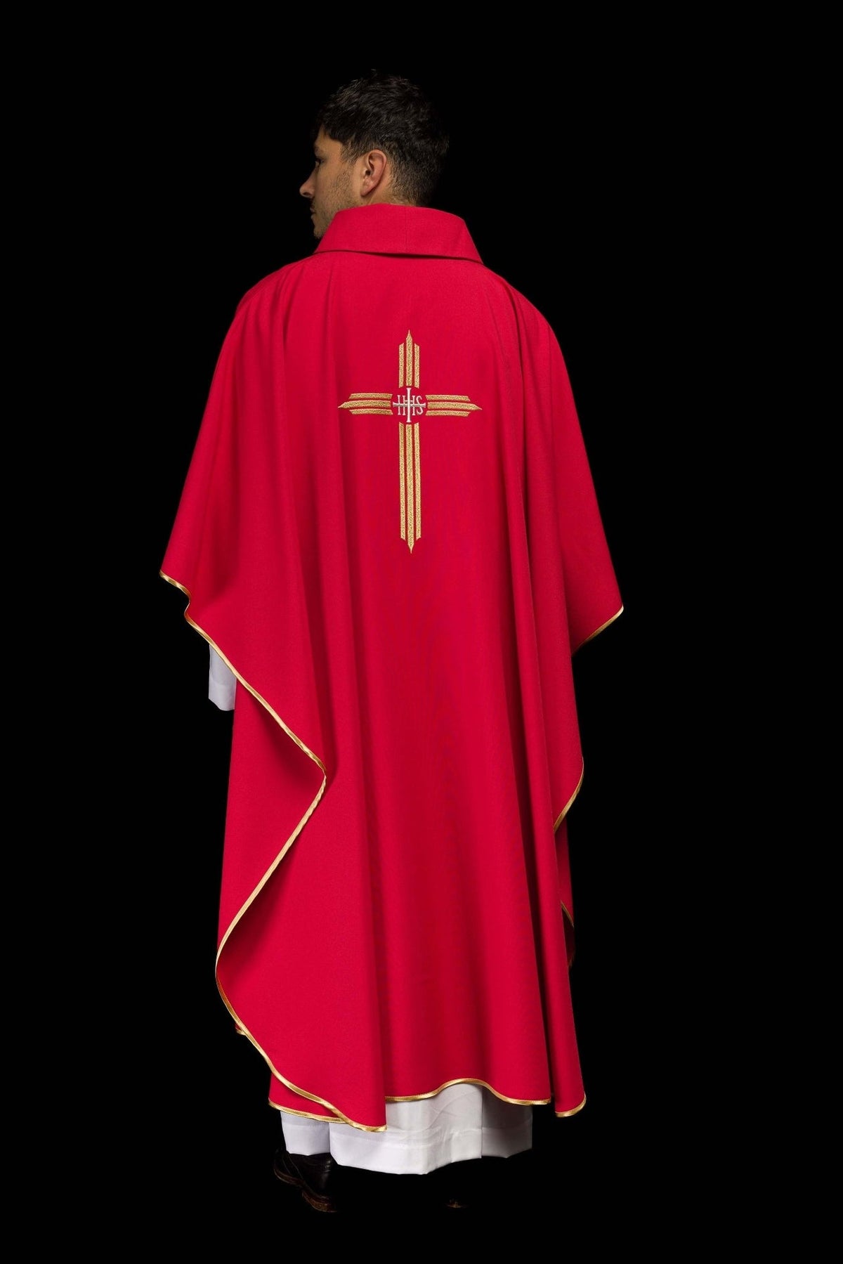 Red chasuble back view with gold IHS cross embroidery
