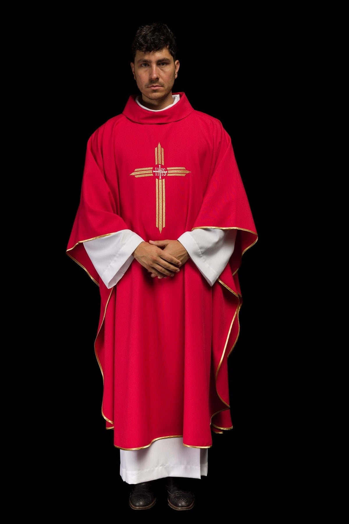 Red chasuble, full back view with gold trim and embroidered IHS cross