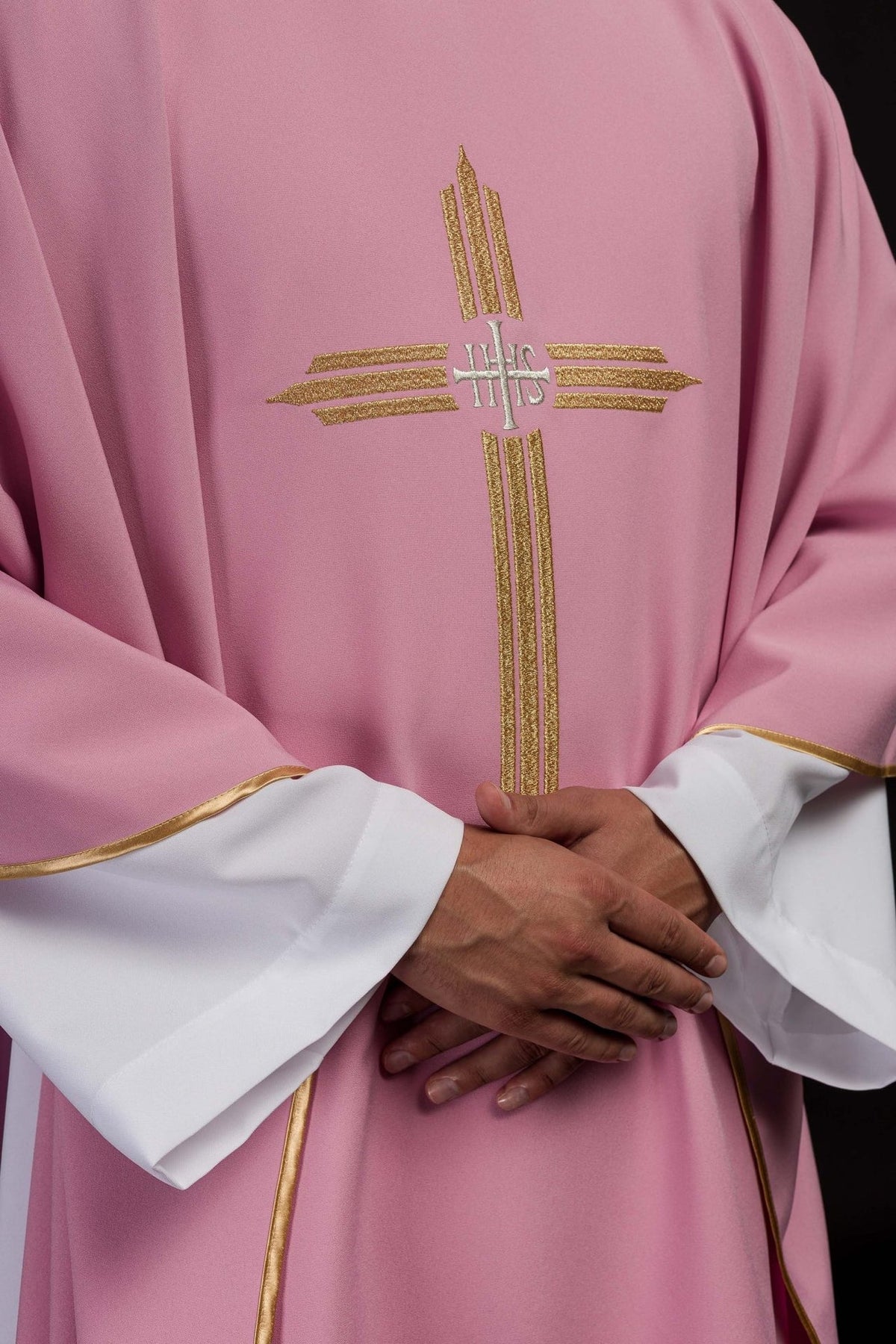 Rose chasuble, close-up front view showing gold trim and cross embroidery