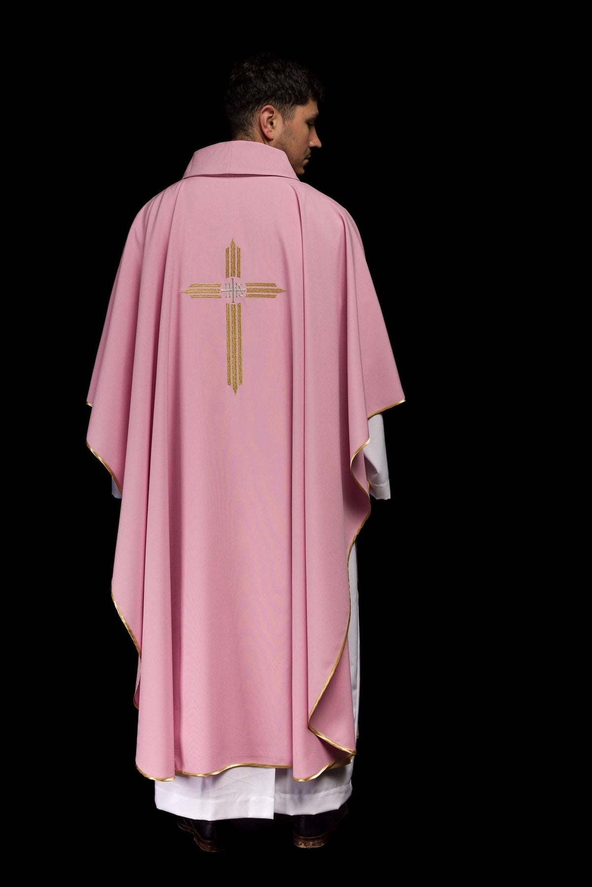Rose chasuble, full back view with gold trim and IHS cross