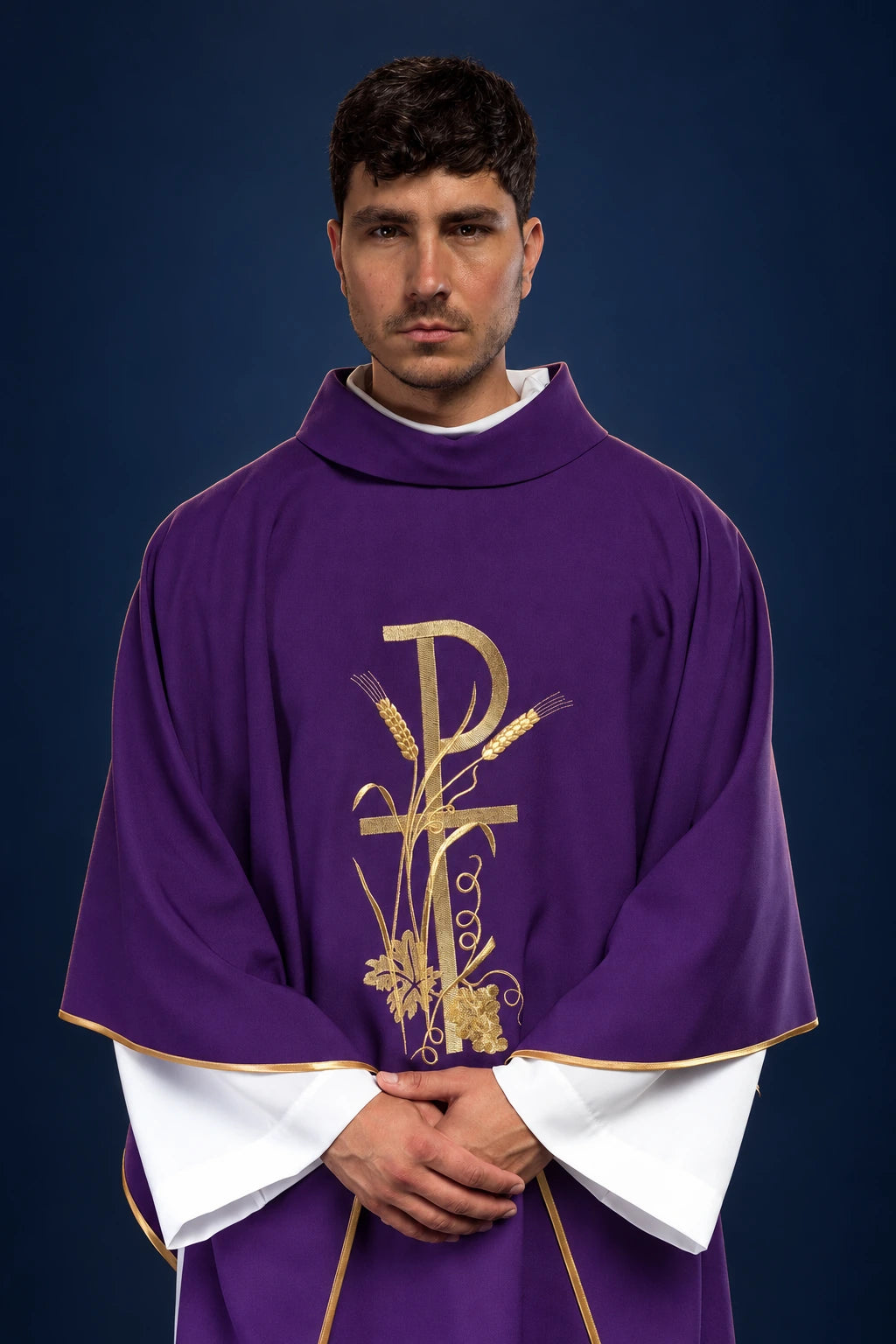Purple Chasuble with Gold PAX Embroidery, front view with gold trim and stand-up collar