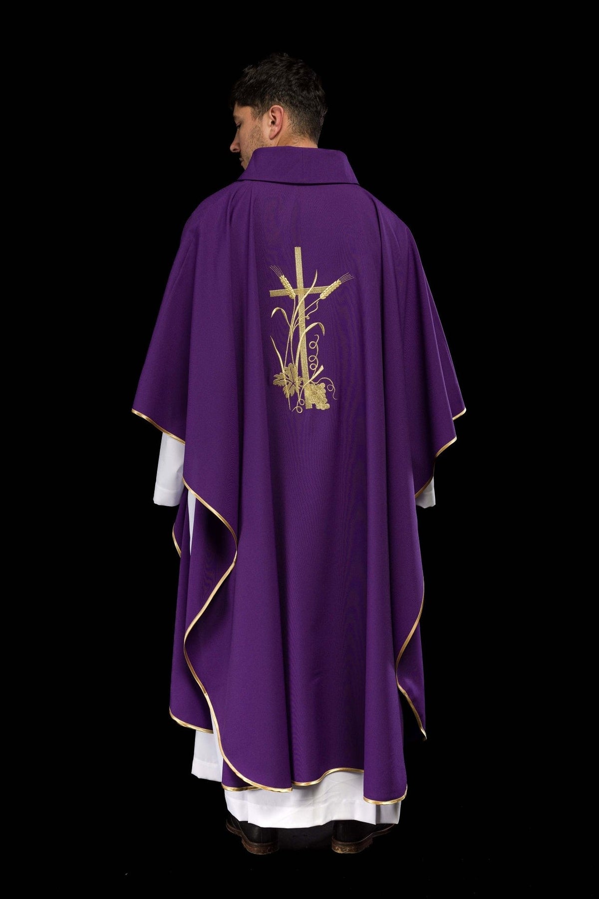 Purple chasuble back view with gold cross, wheat and vine embroidery