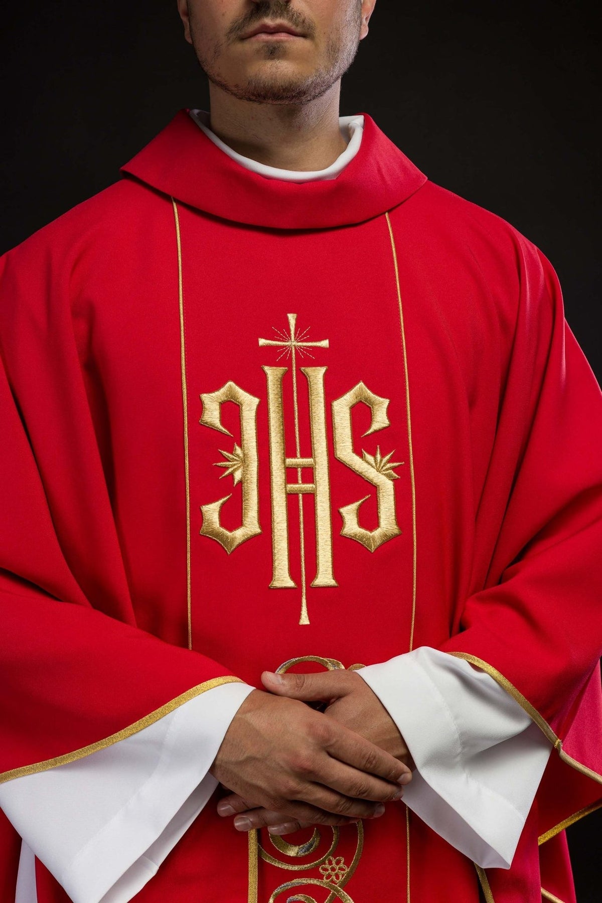 Red chasuble upper front with gold IHS embroidery and stand-up collar