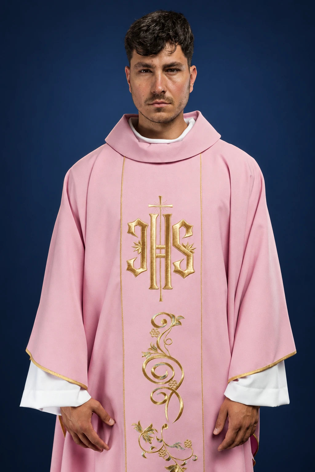 Rose Embroidered Chasuble with IHS, front view with gold IHS and floral embroidery